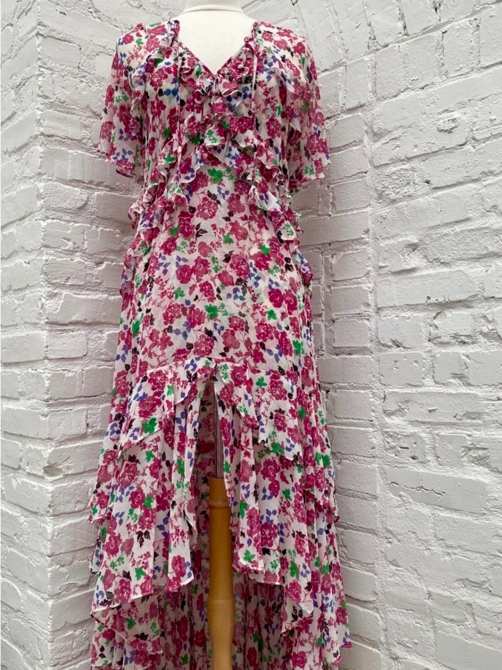 Misa Los Angeles Pink Floral Ruffle High-Low Maxi Dress